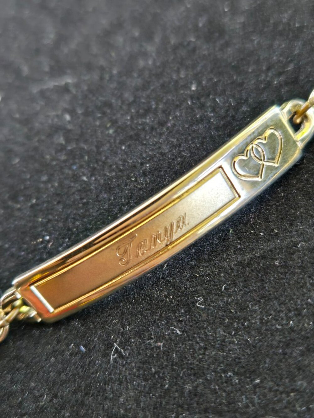 1980s Speidel Engraved ID Bracelet "Tanya" in gold tone with 2 hearts